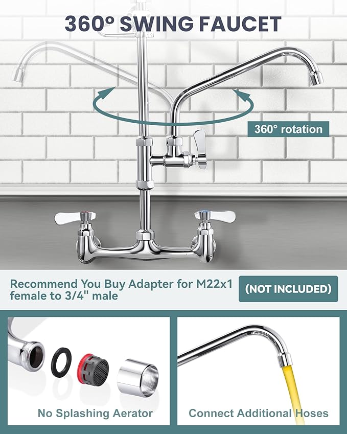 36" Height Commercial Faucet Wall Mount with Sprayer 8" Adjustable Center 10" Swing Spout, Kitchen Sink Faucet with Pull Down Pre-Rinse Sprayer for Restaurant Industrial Kitchen, Chrome
