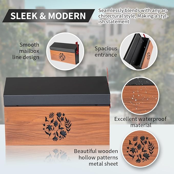 Wall Mount Mailbox, Large Capacity Mailbox for House Outside with Flag Kit Galvanized Steel Rust-Proof Metal Post Drop Box, 15.74"×9.84"×4.33" Flower Hollowed Wooden Patterned Metal Sheet