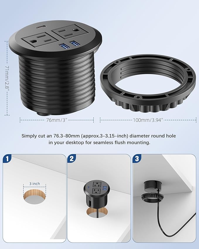 Recessed Power Grommet with AC Outlets, 20W Fast Charging USB-C Port - Flush-Mount for Desktop,Workspace Essential Desk Outlet,ETL Listed