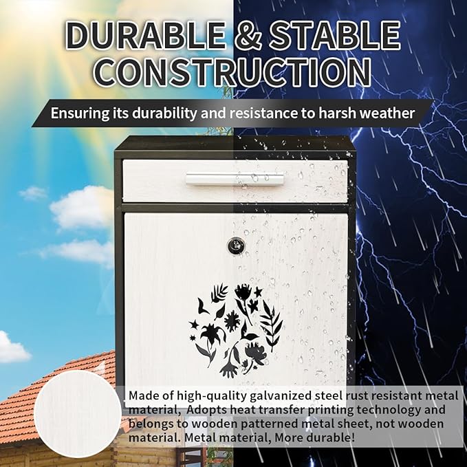 Wall Mount Mailbox, Large Capacity Mailbox for House Outside Galvanized Steel Rust-Proof Metal Post Drop Box, 12"×10.5"×4.7" Flower Hollowed Wooden Patterned Metal Sheet White