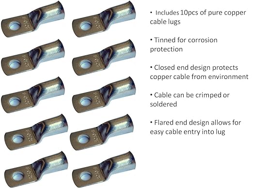 1/0 Gauge 1/0 AWG 5 Feet Black Welding Battery Pure Copper Flexible Cable + 10pcs of 3/8" Tinned Copper Cable Lug Terminal Connectors + 3 Feet Black Heat Shrink Tubing