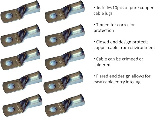 2 Gauge 2 AWG 30 Feet Black Welding Battery Pure Copper Flexible Cable + 10pcs of 3/8" Tinned Copper Cable Lug Terminal Connectors + 3 Feet Black Heat Shrink Tubing
