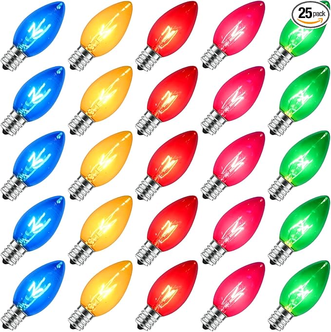 25 Pack C9 Clear Multicolor Replacement Bulbs, 7 Watts Night Light Bulbs, C9 Multicolored Ceramic Incandescent Bulb for Vintage Christmas Lights Outdoor Indoor Home Party Decor, E17 Candelabra Base