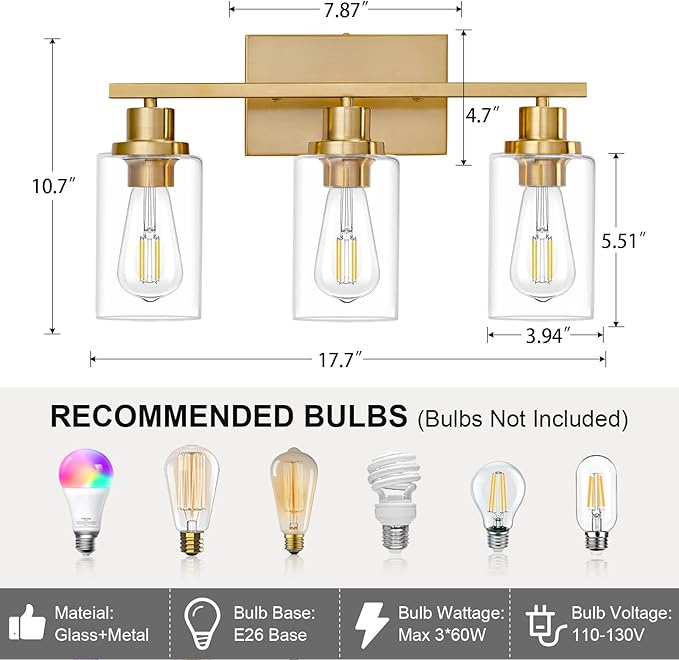 3 Light Bathroom Light Fixtures Brushed Brass Vanity Light Over Mirror Modern Farmhouse Wall Lighting Sconces Wall Lamp for Bathroom, Bedroom, Living Room E26 Socket with Glass Shade
