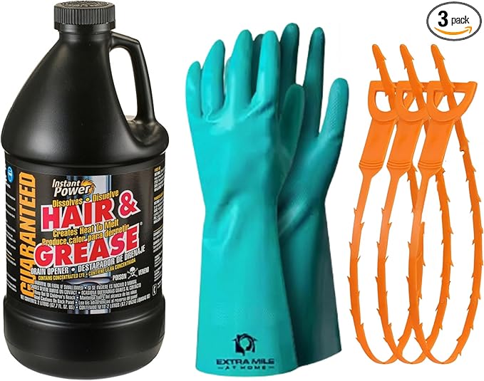 Drain Defender – Hair & Grease Buster Kit Instant Power Drain Opener and comes with, Heavy-Duty PVC Gloves & 3 Hair Clog Removers – Fast-Acting & Safe for Pipes & Septic Systems