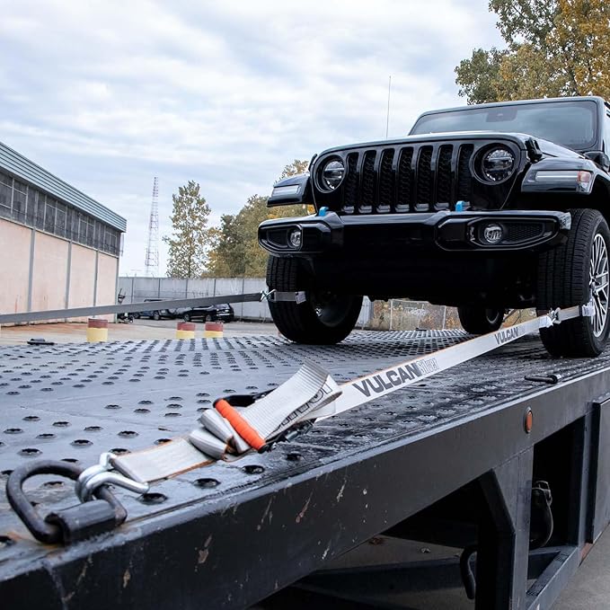 VULCAN Complete Axle Strap Tie Down Kit with Wire J-Hook Ratchet Straps - Silver Series Webbing - Includes (4) 22 and (4) 36 Inch Axle Tie Downs, and (4) 8' Wire Hook Straps