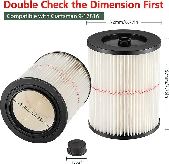 9-17816 Red Stripe Vacuum Cartridge Filter Replacement Compatible with Craftsman Wet/Dry 5/6/8/12/16/32 Gallon and Larger(2 Pack)