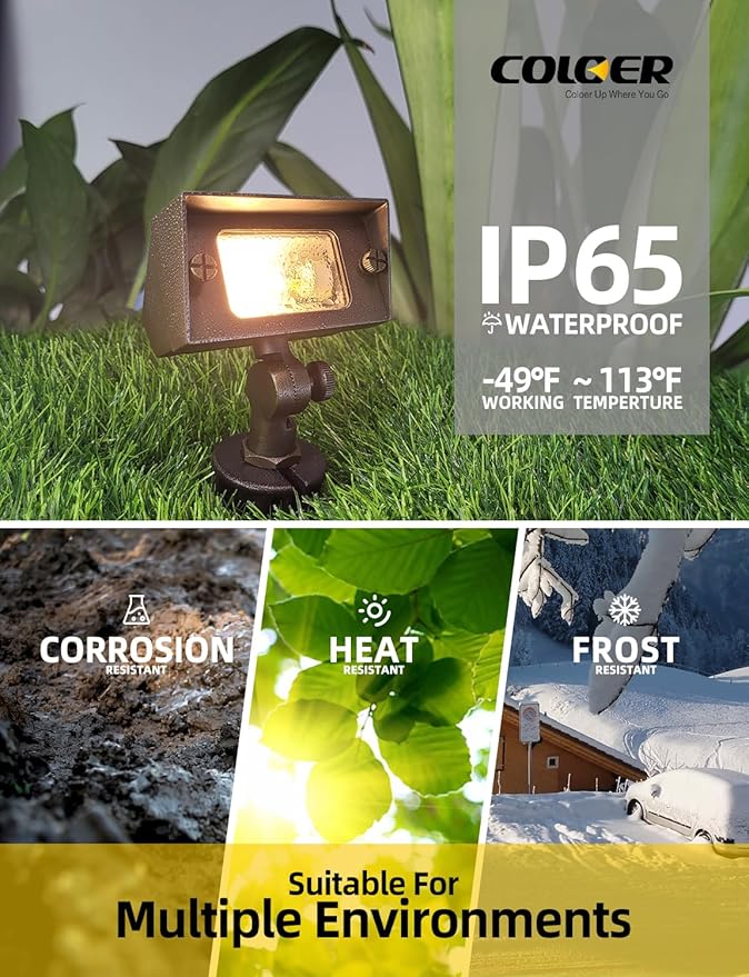 COLOER Brass Small Rectangular Flood Lights Outdoor 6-Pack Without Bulb, 12V Low Voltage Landscape Outside Lights for House Illuminating Signs, Walls and Plant Material