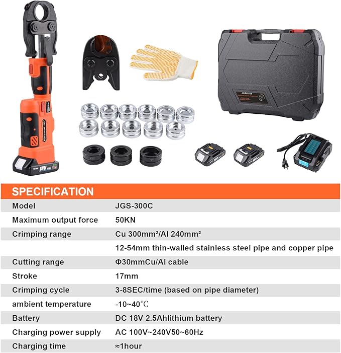 Multifunctional Electric Hydraulic Crimping Tool, 12 Ton 8AWG-600MCM and Pro Press Copper Crimper Tool with 1/2, 3/4, 1 Crimping Range, Hydraulic Cable Cutte φ25/32”Steel Wire Cutter 120KN