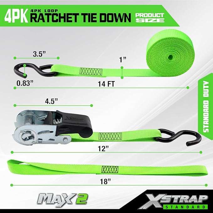 XSTRAP STANDARD Ratchet Tie Down Straps 4Pk 15Ft 1500Lb Break Strength, Cargo Straps for Moving Appliances, Lawn Equipment, Motorcycle, Includes 4 Soft Loops