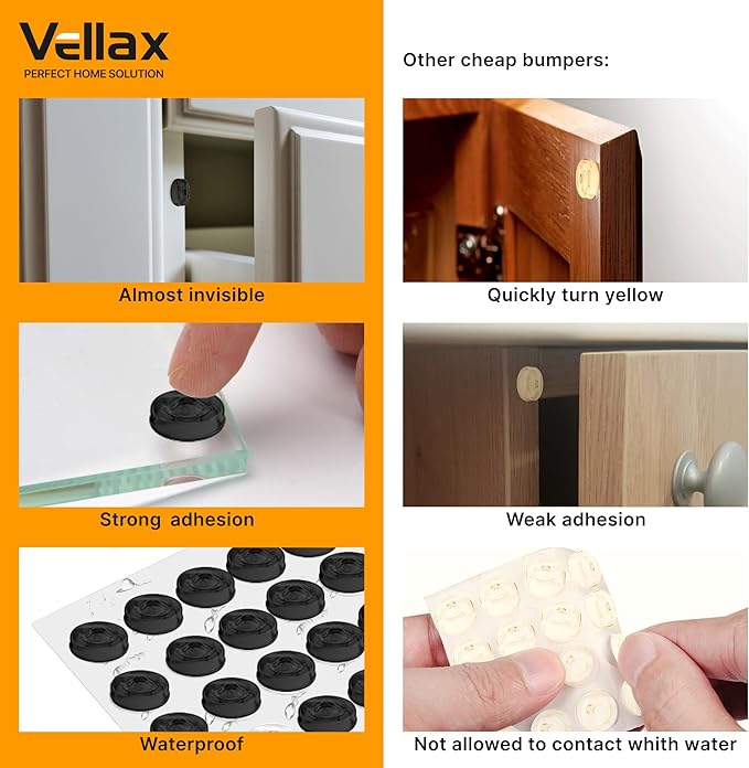 128 Self Adhesive Cabinet Door Bumpers – Sticky Black Silicone Rubber Pads for Furniture Drawers, Kitchen Cabinets, Decor, Wall Protection – Vellax