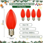 25 Pack Red Christmas Light Bulbs,C9 Glass Incandescent Red Replacement Bulbs for Night Light,C9/E17 Candelabra Base 7 Watt Great for Outdoor Indoor Holiday Christmas Valentine String Lights
