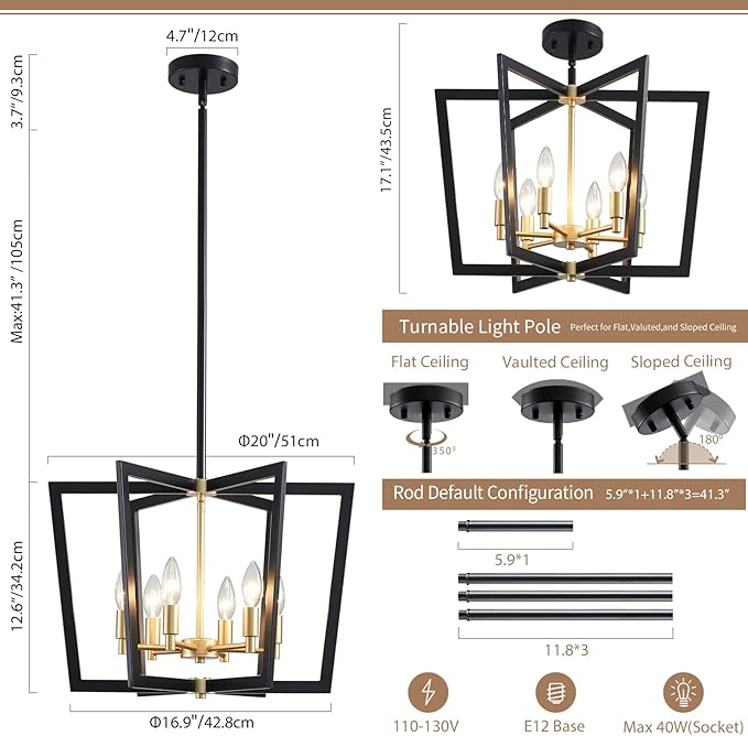 Modern Black Gold Chandelier 6-Light Farmhouse Geometric Pendant Lighting Fixture for Dining Room Living Room Kitchen Island Entryway Bedroom Office, 20" Ceiling Hanging Lamp