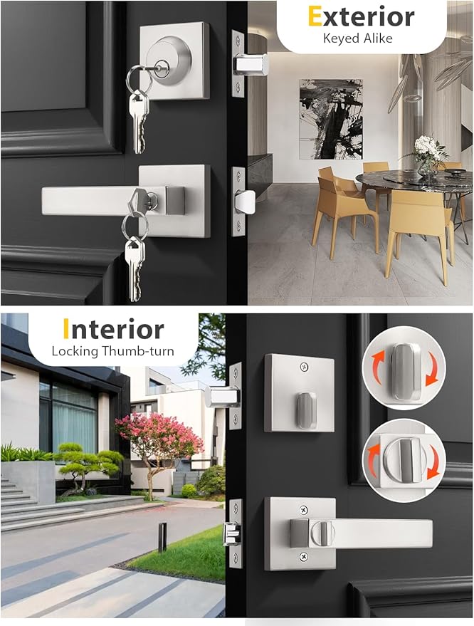 5 Pack Brushed Nickel Keyed Alike Front/Exterior Door Levers with Single Cylinder Deadbolt, Square Entry Door Knob Lock Sets with Deadbolt Combination Sets, for Entrance/Front and Office Doors