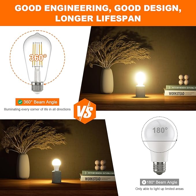 Kawaya E26 LED Edison Bulbs: 6W Equivalent 60 Watt Dimmable LED Light Bulbs - Vintage Warm Lights 2700k 800 Lumens High Brightness Filament Bulbs with 90+ CRI (12)