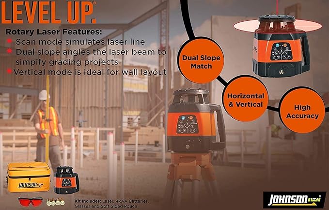 Johnson Level & Tool 99-028K Electronic Self-Leveling Dual Slope Horizontal/Vertical Rotary Laser System, Red, 1 Kit