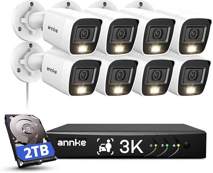 ANNKE 8CH 3K Security Camera System with Audio/Mic, 8 Channel Surveillance AI DVR and 8X 5MP 2960 * 1665 CCTV Cams with Dual Light, Human/Vehicle Detection, IP67, Color Night Vision, 2TB Hard Drive
