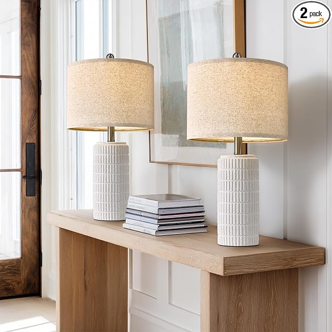 PoKat 24" Farmhouse Ceramic Table Lamps Set of 2 for Bedroom, White Stone-Like Bedside Lamps for Night Stands, Matte-Textured Decor Nightstand Table Lamps for Living Room End Table White