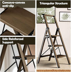 Taranta 3 Step Ladder, Portable Folding Ladder with Wide Pedal, Lightweight Aluminum Step Stool with Convenient Handgrip, 330 lbs Capacity Stepladder for Home, Office - Walnut
