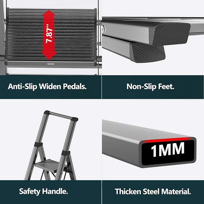 WOA WOA 6 Step Ladder for 12 Feet High Ceiling, Lightweight Foldable Ladder with Non-Slip Wide Pedals, Stepladder with Safe Handrail, Space Saving for Home, Kitchen, Indoor & Outdoor 300lbs - Black