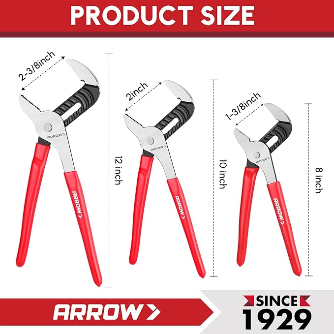 ARROW 3-Piece Groove Joint Pliers Set, Adjustable Water Pump Pliers Set (8", 10", 12") with 5 & 7 Jaw Positions, Serrated Jaws and Comfort Dip-grip Handle, for Plumbing Repair & Home Maintenance