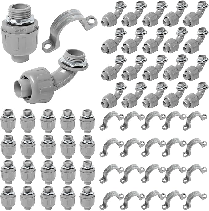 (3/4" Conduit Parts 60 Pack) Yariwiz 3/4 PVC Electrical Conduit Fitting Plastic Liquid Tight Conduit Connector Kit, Include 20 Conduit Couplings, 20 Conduit 90 Degree Elbows and 20 Conduit Straps