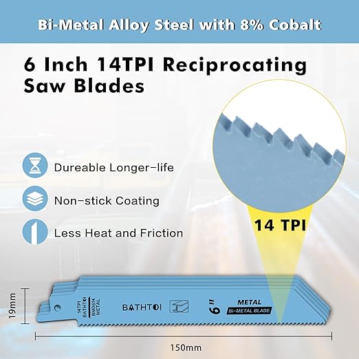 20 Pack 6 Inch 14 Tpi Reciprocating Saw Blades for Sheet Metal, Pipes, PVC Plastic, Profiles Cutting, Bi-Metal Sawzall Blades with 8% Cobalt for Longer Life and Faster Cutting Speed