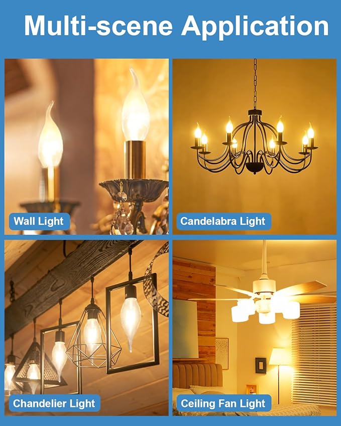 E12 B10 Clear Candle Base Bulb with Warm White 2700K, 40W Candelabra Light Bulbs, 400 Lumen Dimmable, 120V Incandescent Chandelier Light Bulbs for Pendants, Ceiling Fan, Wall Sconces (12-Pack)