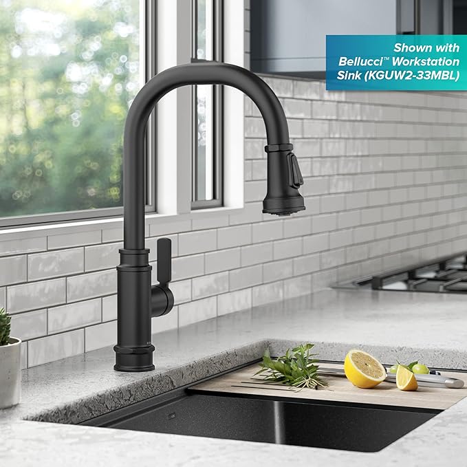 KRAUS Allyn Transitional Industrial Pull-Down Single Handle Kitchen Faucet in Matte Black, KPF-4101MB