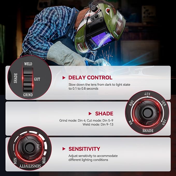 ARCCAPTAIN Large Viewing Screen 3.93"X3.66" Welding Helmet, True Color 1/1/1/1 Solar Power Auto Darkening Welding Hood with 4 Arc Sensor, Wide Shade 4/5-9/9-13 for TIG MIG ARC, Shark