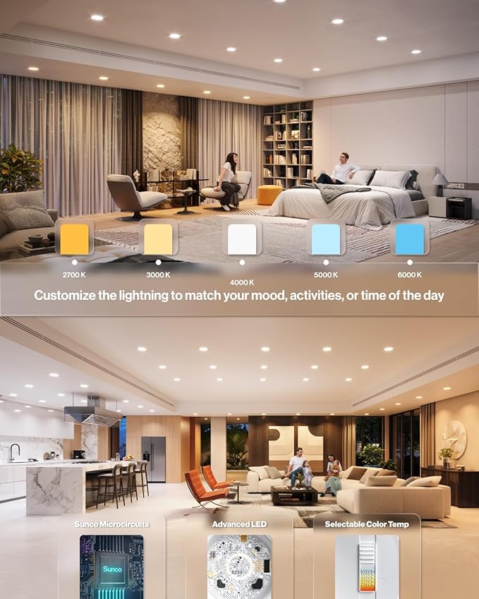 Sunco 24 Pack 6 Inch LED Recessed Light Retrofit, Can Lights for Ceiling, 1700 LM High Brightness, Selectable CCT 2700K/3000K/4000K/5000K/6000K, 17W=120W, Dimmable, Baffle Trim, Damp Rated UL