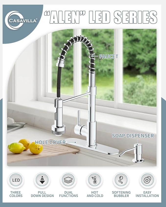 Kitchen Faucet with LED Light, Chrome Faucet with Soap Dispenser, Faucet for Kitchen Sink, Single Handle Stainless Steel Kitchen Sink Faucets with Pull Down Sprayer, Camper Farmhouse RV