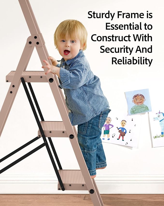 Taranta 3 Step Ladder, Lightweight Aluminum Step Stool with Convenient Handgrip, Folding Ladder with Anti-Slip Pedals, 330lbs Capacity Stepladder for Home, Office, Kitchen - Peach Pink