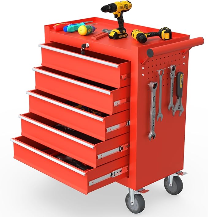 5-Drawer Rolling Tool Chest, Tool Box with 4 Wheels and Drawers, High Capacity Detachable Mobile Tool Storage Cabinet for Garage, Workshop, Mechanics and Repair Room (Red)