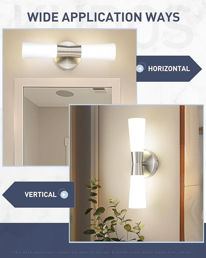 kudos Bathroom Sconces Set of 2,16inches Brushed Nickel Vanity Light Fixtures, Modern Sconces Wall Lighting with Milk White Glass, Dimmerable 3000K/4000K/5000K for Bedroom Hallway, KDVL13-BN-2PK