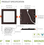 ASD 6 Pack LED Square Recessed Lighting 6 Inch, 5 CCT 2700K-5000K, 15W 60W Eqv, Ultra Thin Dimmable Ceiling Lights with J Box, Canless Wafer Downlight, Slim Panel, UL Energy Star, Oil-Rubbed Bronze