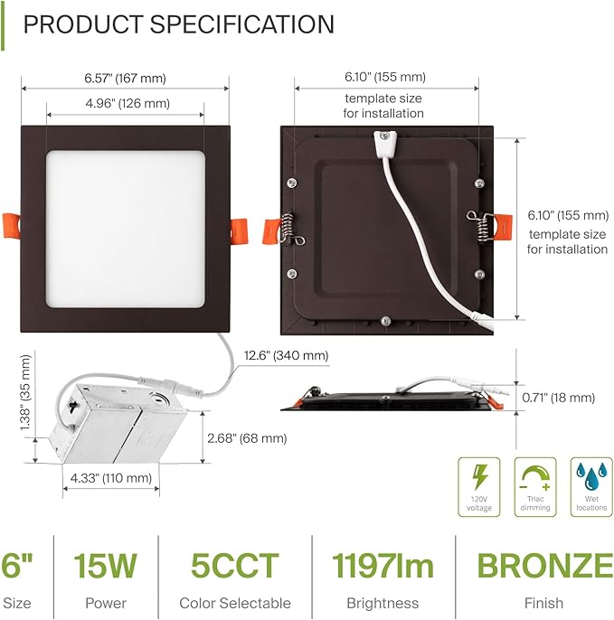 ASD 6 Pack LED Square Recessed Lighting 6 Inch, 5 CCT 2700K-5000K, 15W 60W Eqv, Ultra Thin Dimmable Ceiling Lights with J Box, Canless Wafer Downlight, Slim Panel, UL Energy Star, Oil-Rubbed Bronze