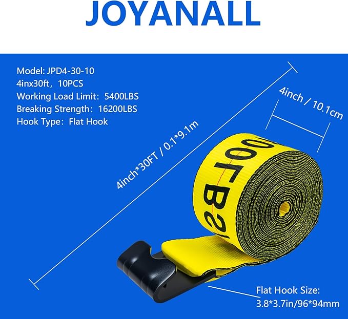 Cargo Straps for Trucks, 4 Inch x 30FT Truck Strap for Flatbed Trailer, Heavy Duty Tie Down w/Flat Hooks WLL# 5400lbs, Tie Down Winch Strap Flatbed Trailer (10 Pack)