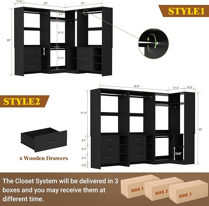 Aheaplus Closet System with 6 Drawers, 4 Hanging Rods & Corner Tower, Corner Closet System with Hanging,92.6" L-Shaped Walk-In Wardrobe Organizer, 2000+ lbs Capacity, Set of 3, Black