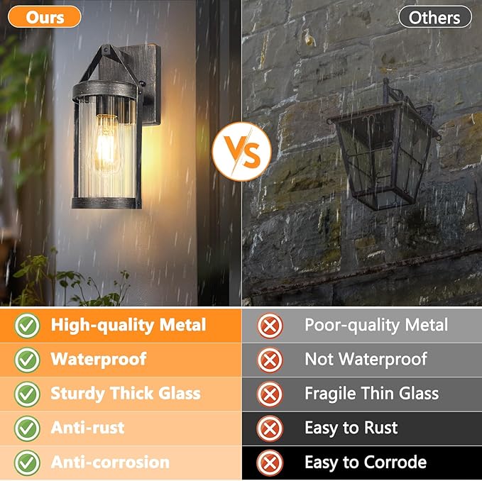 2-Pack Outdoor Wall Lights, Waterproof Outside Light Fixtures Wall Mount with Clear Ribbed Glass, Modern Bronze Exterior Wall Sconce Front Porch Lights for House, Patio, Garage, Bulbs Not Included