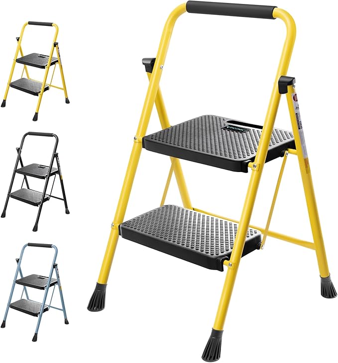 TICONN 2 Step Ladder, Heavy Duty Foldable Step Stool, Portable Steel Folding Stool for Household Garage Storage (Yellow)