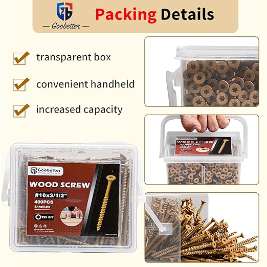 Deck Screws 3-1/2 Inch, 400 Pcs Wood Screws #10 x 3-1/2", Rust Resistant, Exterior Construction Fence Screws, Torx/Star Drive Head, 2 Pcs T25 Star Bits Included, Yellow