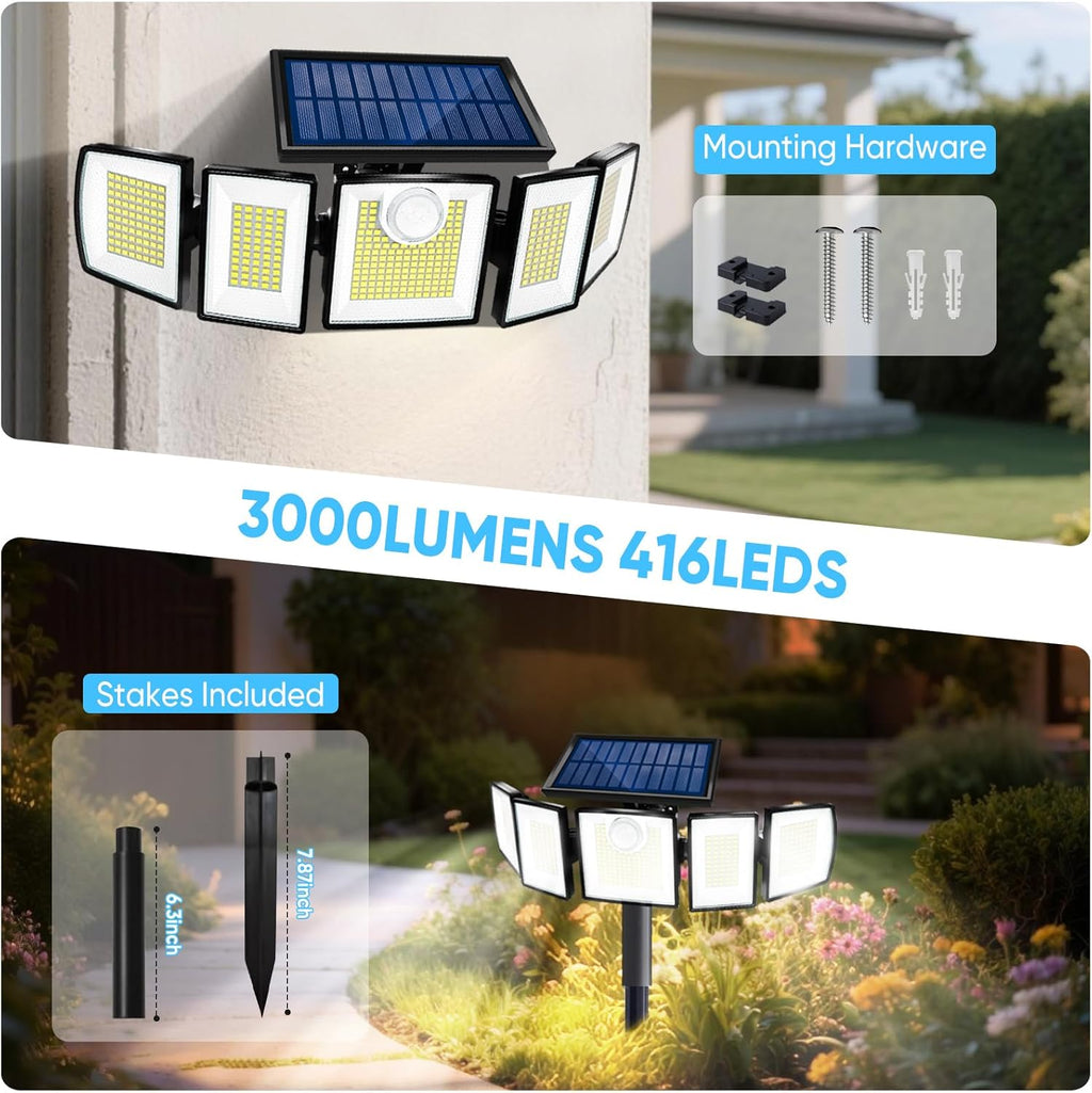 Solar Lights Outdoor Waterproof Motion Sensor - 416 LEDs 3000 Lumens Super Bright 3 Brightness Solar Flood Security Light for Outside - 2Pack（with Ground Plug）