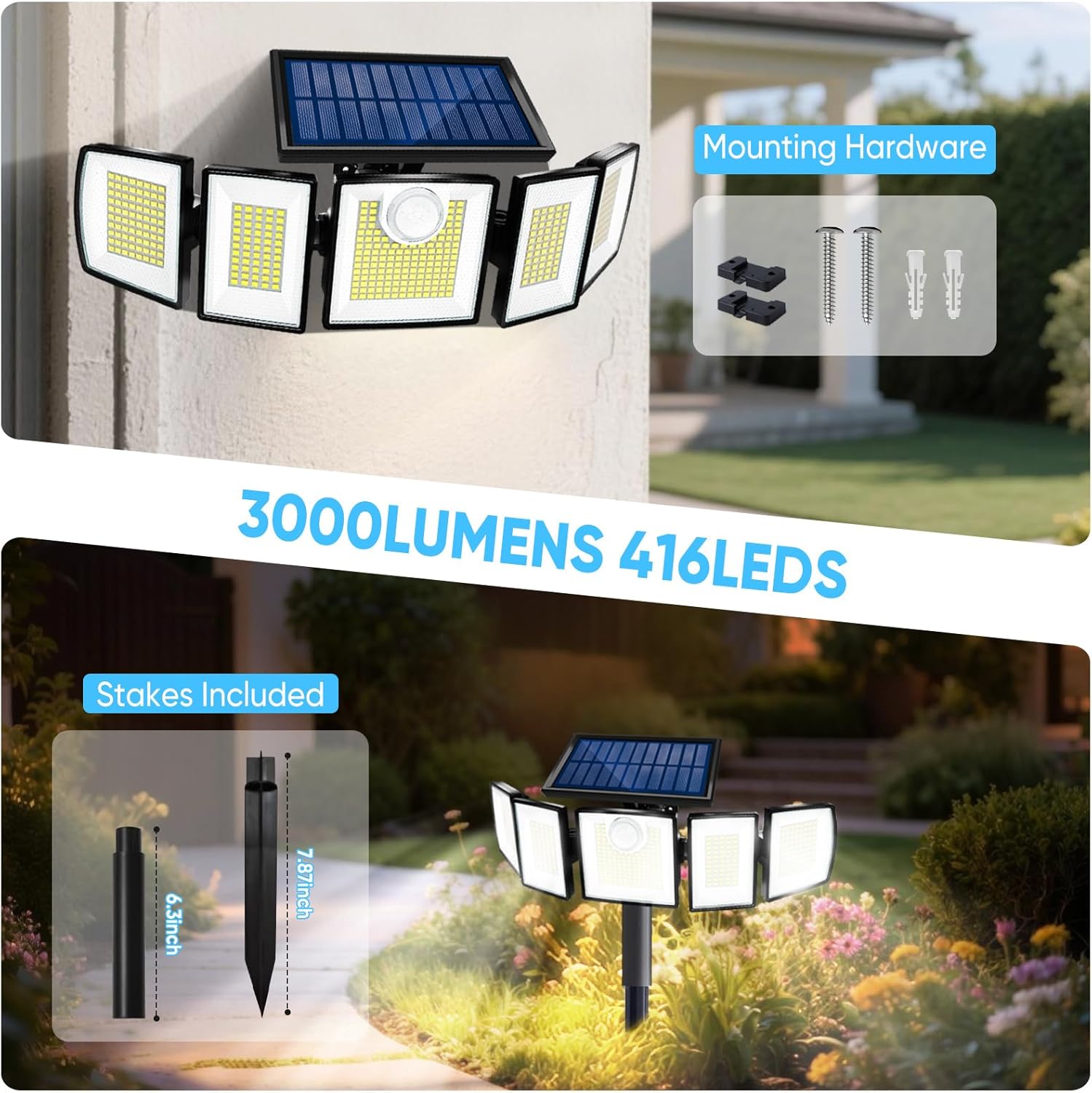 Solar Lights Outdoor Waterproof Motion Sensor - 416 LEDs 3000 Lumens Super Bright 3 Brightness Solar Flood Security Light for Outside - 2Pack（with Ground Plug）