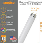 Sunlite F15T8/CW 18-Inch T8 Linear Fluorescent Lamp, 15 Watts, 610 Lumens, 4100K Cool White, Medium G13 Bi-Pin Base, ROHS Compliant, 30 Pack