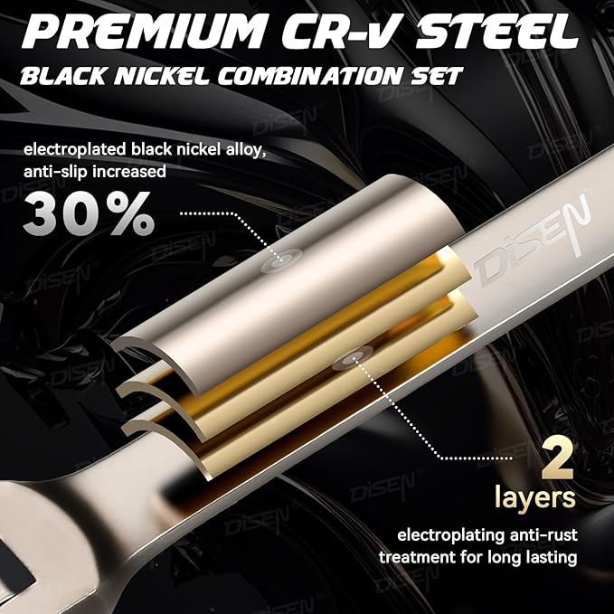 DISEN 26 Piece Ratcheting Wrenches Set 90 Teeth, Combination Wrenches Set Metric 6MM-19MM and SAE 1/4 Inch-13/16 Inch, Cr-V Steel, Ratchet Set Nickel Plating with Organizer Visit the Store