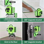 16 Line Laser Level 360 Self Leveling, 4x360°Professional 4D Green Cross Line laser Level with 2 Batteries,for Construction and Picture Hanging, Horizontal Line leveler Tool (Green)