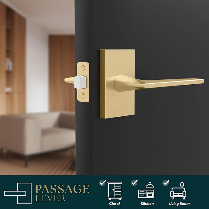 Mega Handles Apex Passage Door Handle - 1 Pack Reversible Gold Door Handle, Heavy Duty No Lock Door Handles Interior for Closet & Hallway, Fits All Standard Door Sizes - Satin Brass