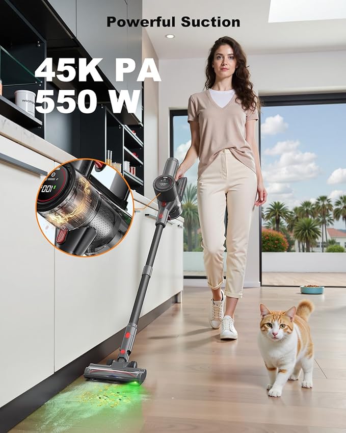 Cordless Vacuum Cleaner, 6-in-1 Lightweight Stick Vacuum with 45mins Runtime, LED Display & Light, Self-Standing, Rechargeable Cordless Vacuum for Carpet, Tile, Pet Hair, Hardwood Floors (Black)