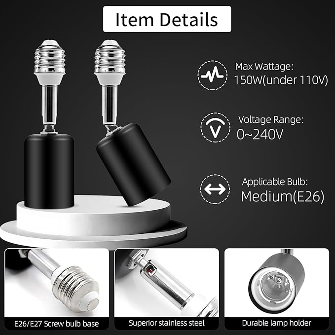 2 PCS Ceramic & Metal E26 Light Socket Extender Black - 5.5" Length,90° Vertical & 360° Horizontal Adjustable, 110V-240V, 150W Max, Fire-Resistant, Light Socket Extender for E26 Light Bulb